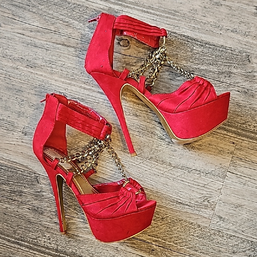Red Platform Chain-Strap Stiletto Pumps